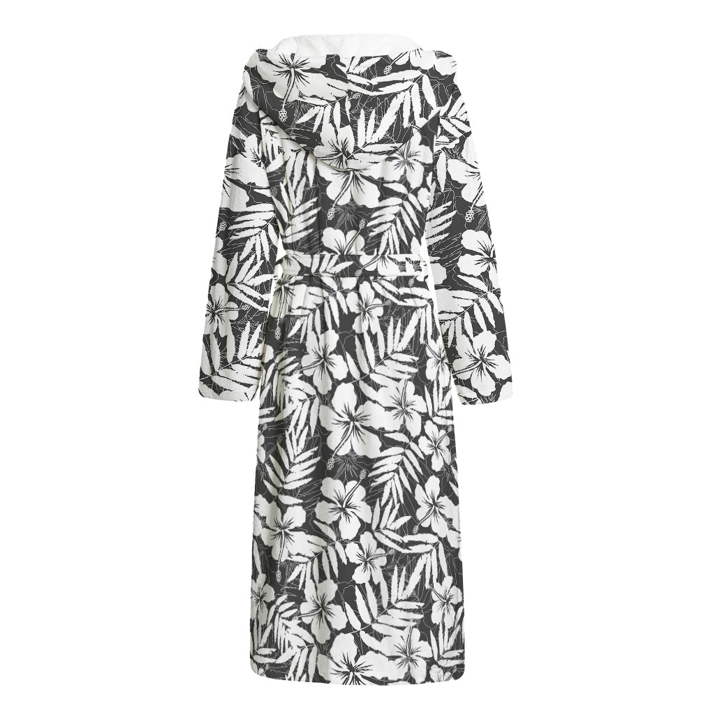 White And Grey Hawaiian Pattern Print Hooded Bathrobe