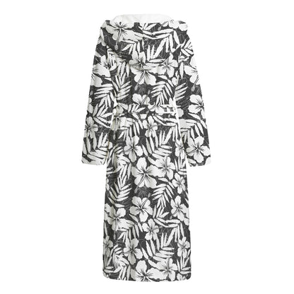 White And Grey Hawaiian Pattern Print Hooded Bathrobe