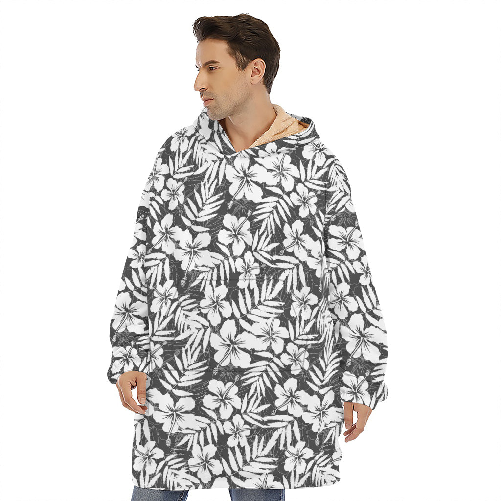 White And Grey Hawaiian Pattern Print Hoodie Blanket
