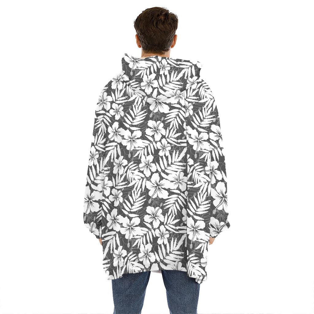 White And Grey Hawaiian Pattern Print Hoodie Blanket