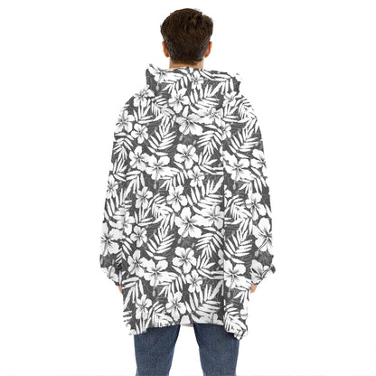 White And Grey Hawaiian Pattern Print Hoodie Blanket