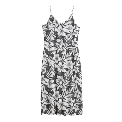White And Grey Hawaiian Pattern Print Jersey Midi Cami Dress