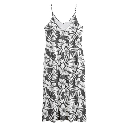 White And Grey Hawaiian Pattern Print Jersey Midi Cami Dress