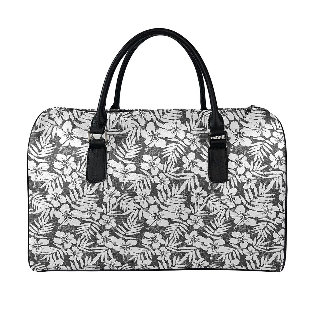 White And Grey Hawaiian Pattern Print Leather Duffle Bag