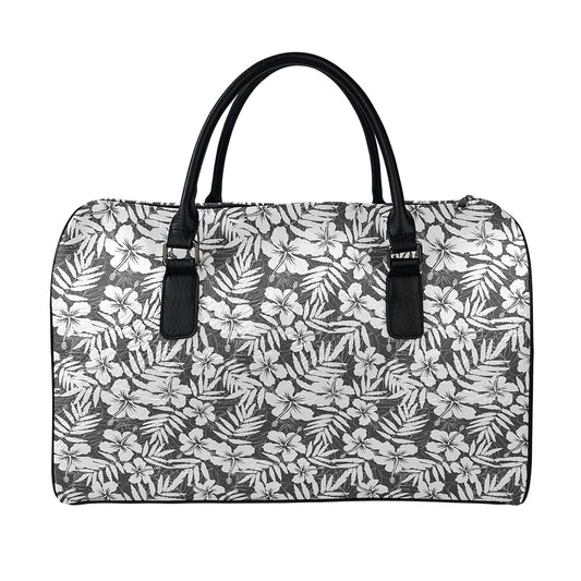 White And Grey Hawaiian Pattern Print Leather Duffle Bag