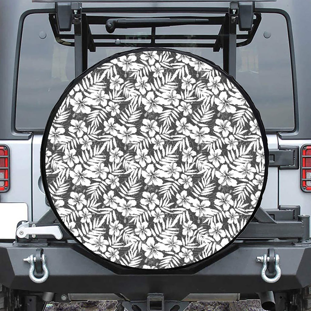 White And Grey Hawaiian Pattern Print Leather Spare Tire Cover