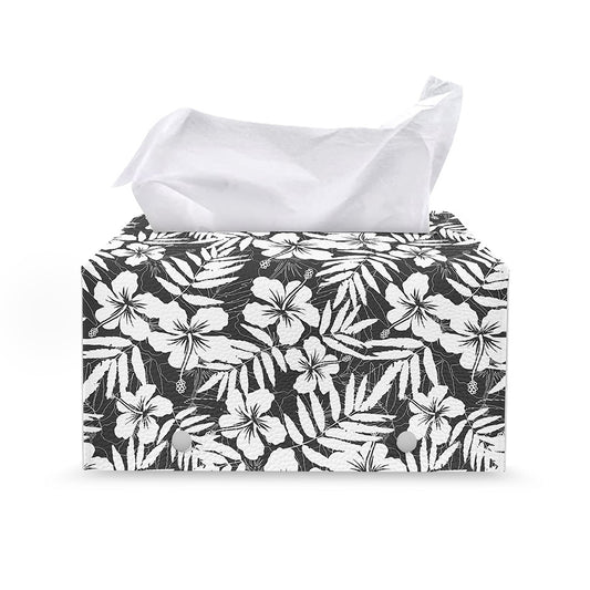 White And Grey Hawaiian Pattern Print Leather Tissue Box Cover