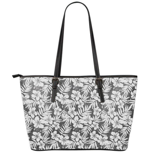 White And Grey Hawaiian Pattern Print Leather Tote Bag