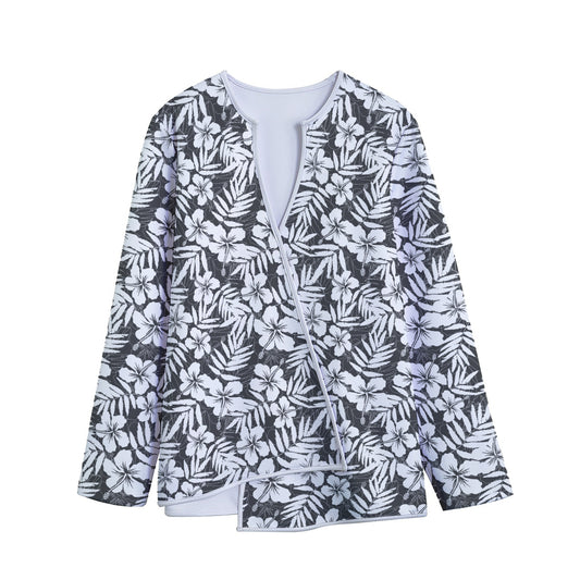 White And Grey Hawaiian Pattern Print Long Sleeve Short Coat