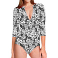 White And Grey Hawaiian Pattern Print Long Sleeve Swimsuit