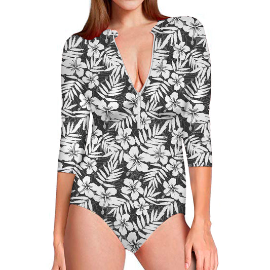 White And Grey Hawaiian Pattern Print Long Sleeve Swimsuit