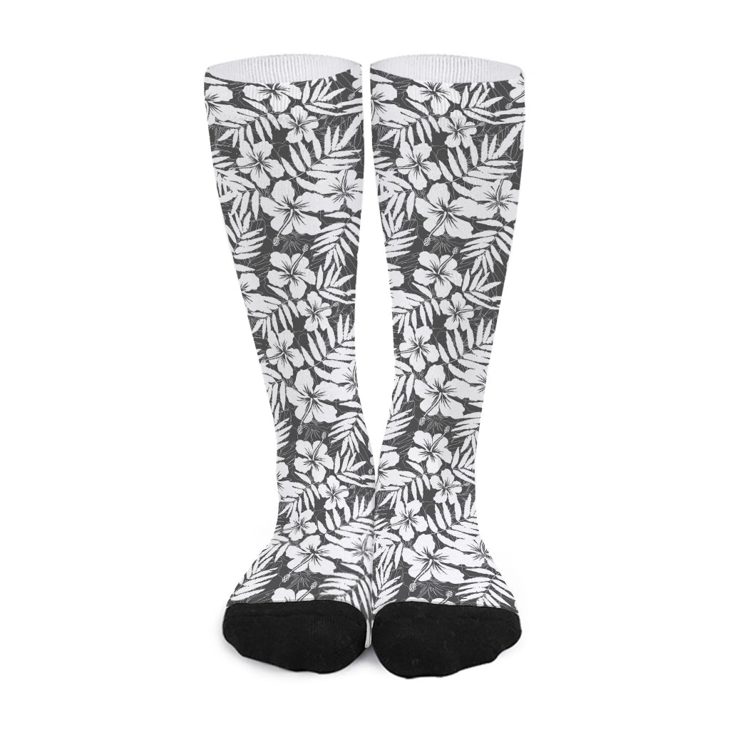 White And Grey Hawaiian Pattern Print Long Socks