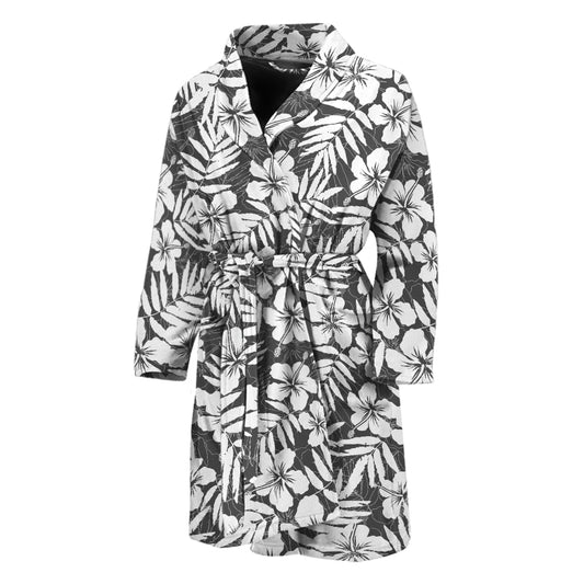 White And Grey Hawaiian Pattern Print Men's Bathrobe