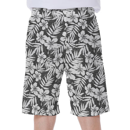 White And Grey Hawaiian Pattern Print Men's Beach Shorts