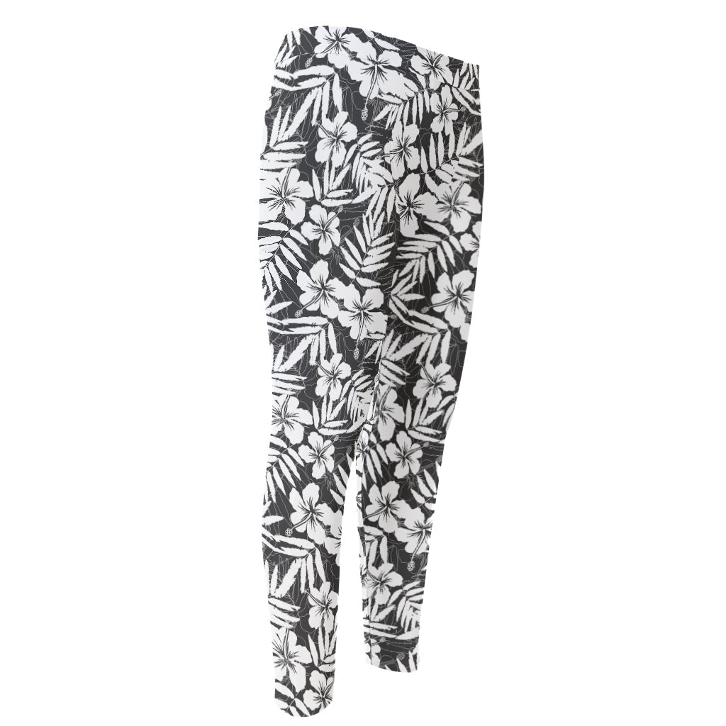 White And Grey Hawaiian Pattern Print Men's Compression Pants