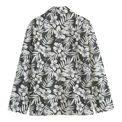 White And Grey Hawaiian Pattern Print Men's Cotton Blazer