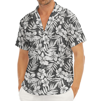 White And Grey Hawaiian Pattern Print Men's Deep V-Neck Shirt