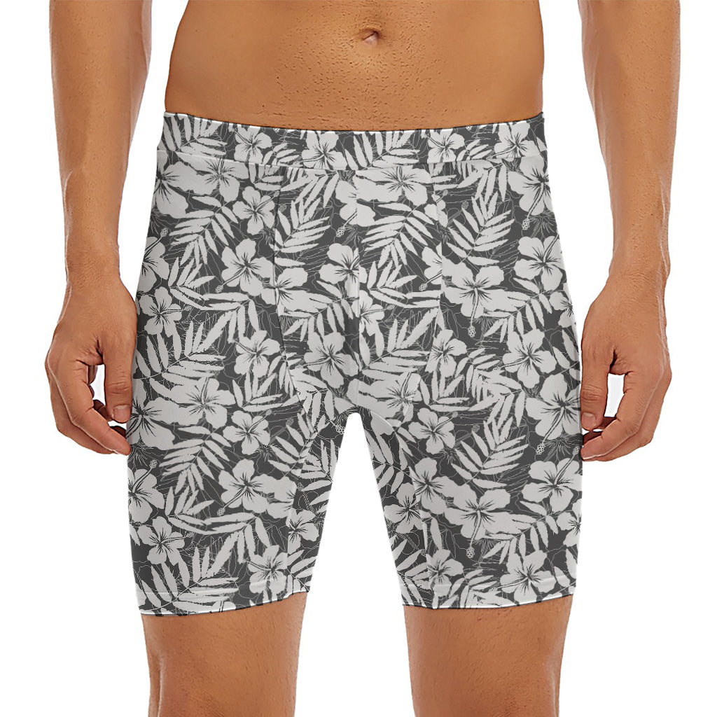 White And Grey Hawaiian Pattern Print Men's Long Boxer Briefs