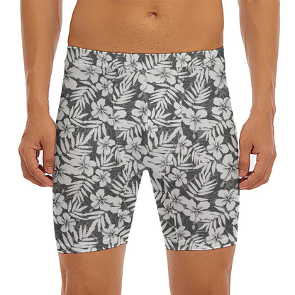 White And Grey Hawaiian Pattern Print Men's Long Boxer Briefs