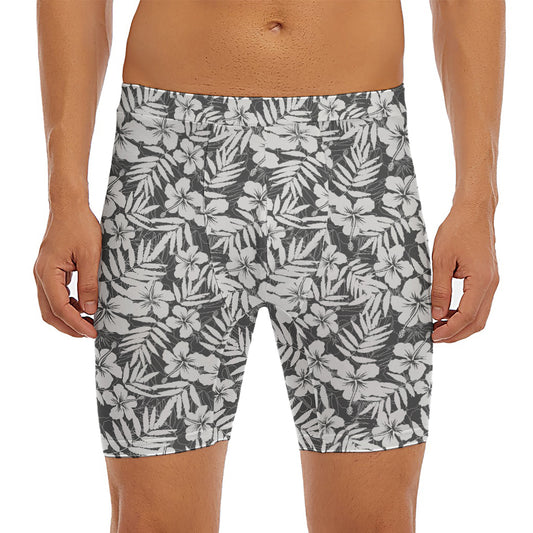 White And Grey Hawaiian Pattern Print Men's Long Boxer Briefs