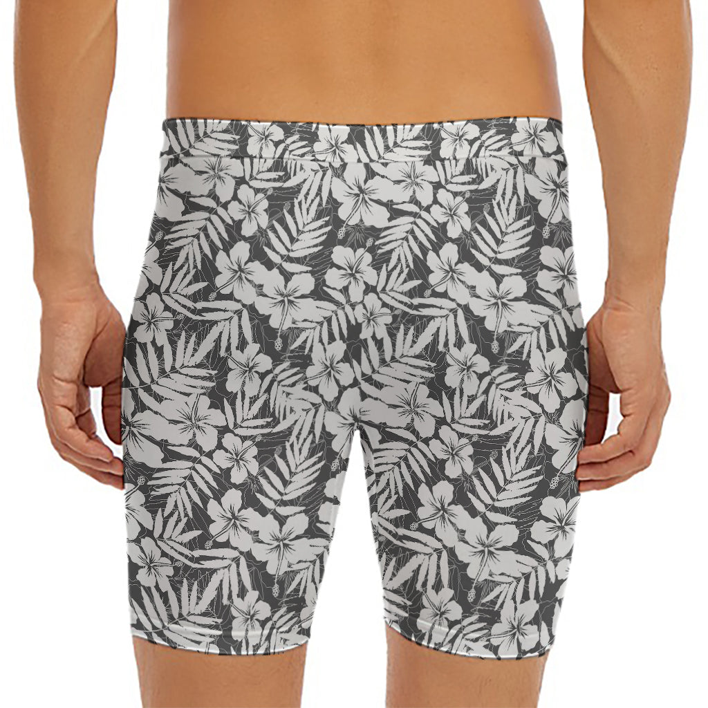 White And Grey Hawaiian Pattern Print Men's Long Boxer Briefs