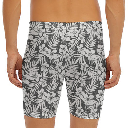 White And Grey Hawaiian Pattern Print Men's Long Boxer Briefs