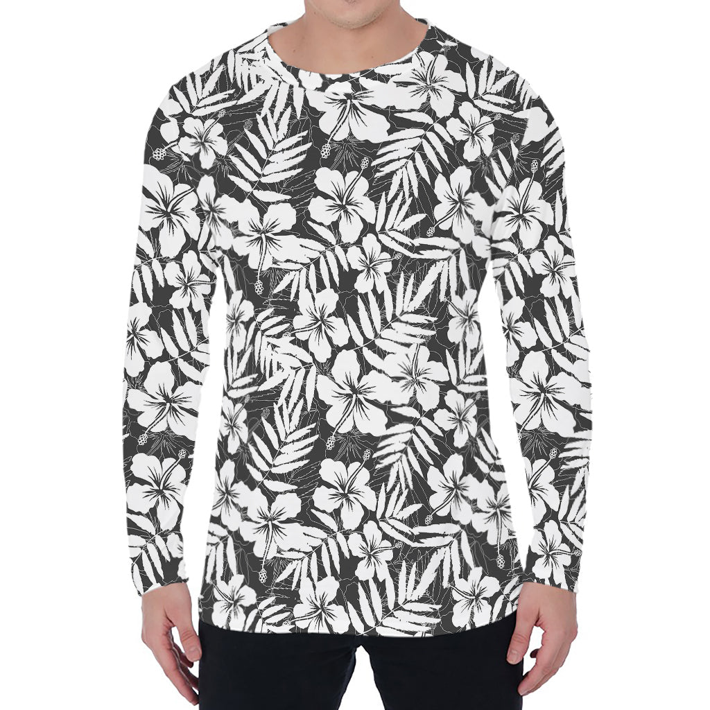White And Grey Hawaiian Pattern Print Men's Long Sleeve T-Shirt