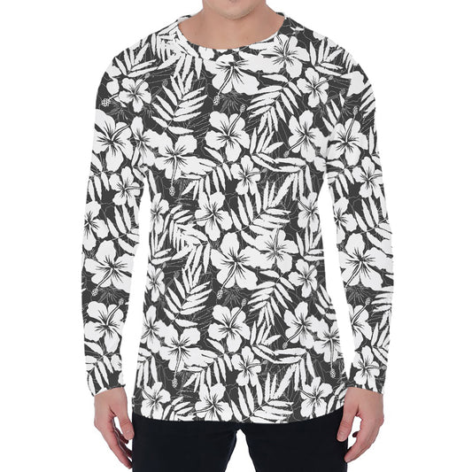 White And Grey Hawaiian Pattern Print Men's Long Sleeve T-Shirt