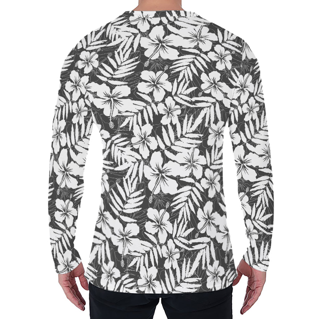 White And Grey Hawaiian Pattern Print Men's Long Sleeve T-Shirt