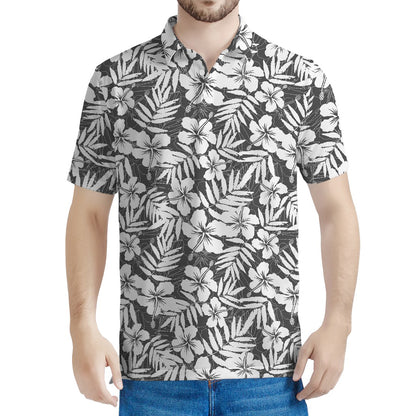 White And Grey Hawaiian Pattern Print Men's Polo Shirt