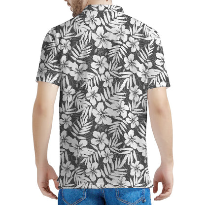 White And Grey Hawaiian Pattern Print Men's Polo Shirt