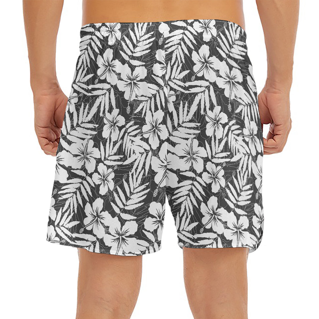 White And Grey Hawaiian Pattern Print Men's Split Running Shorts