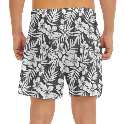White And Grey Hawaiian Pattern Print Men's Split Running Shorts