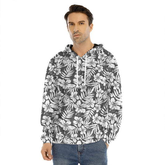 White And Grey Hawaiian Pattern Print Men's Velvet Pullover Hoodie