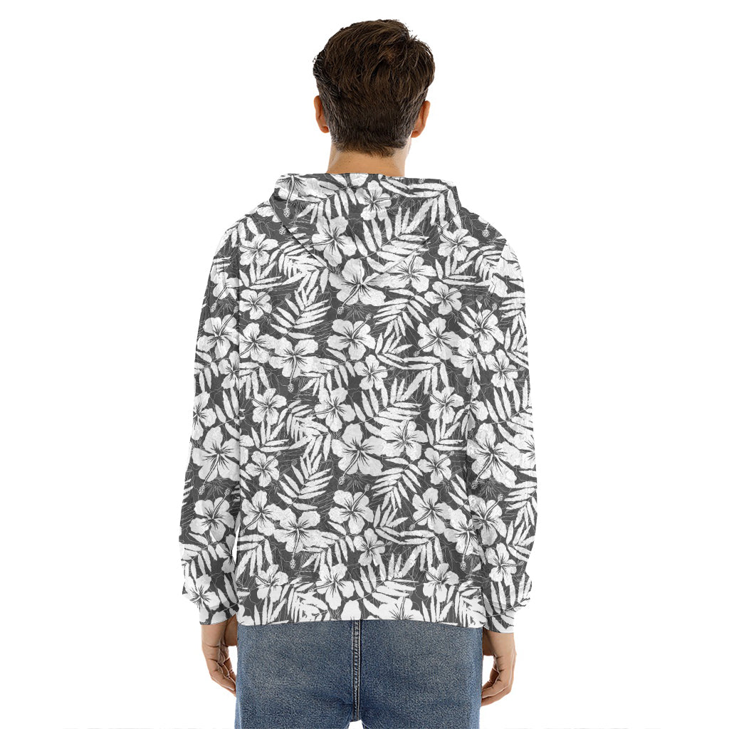 White And Grey Hawaiian Pattern Print Men's Velvet Pullover Hoodie