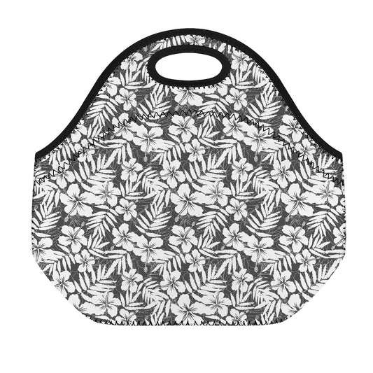 White And Grey Hawaiian Pattern Print Neoprene Lunch Bag