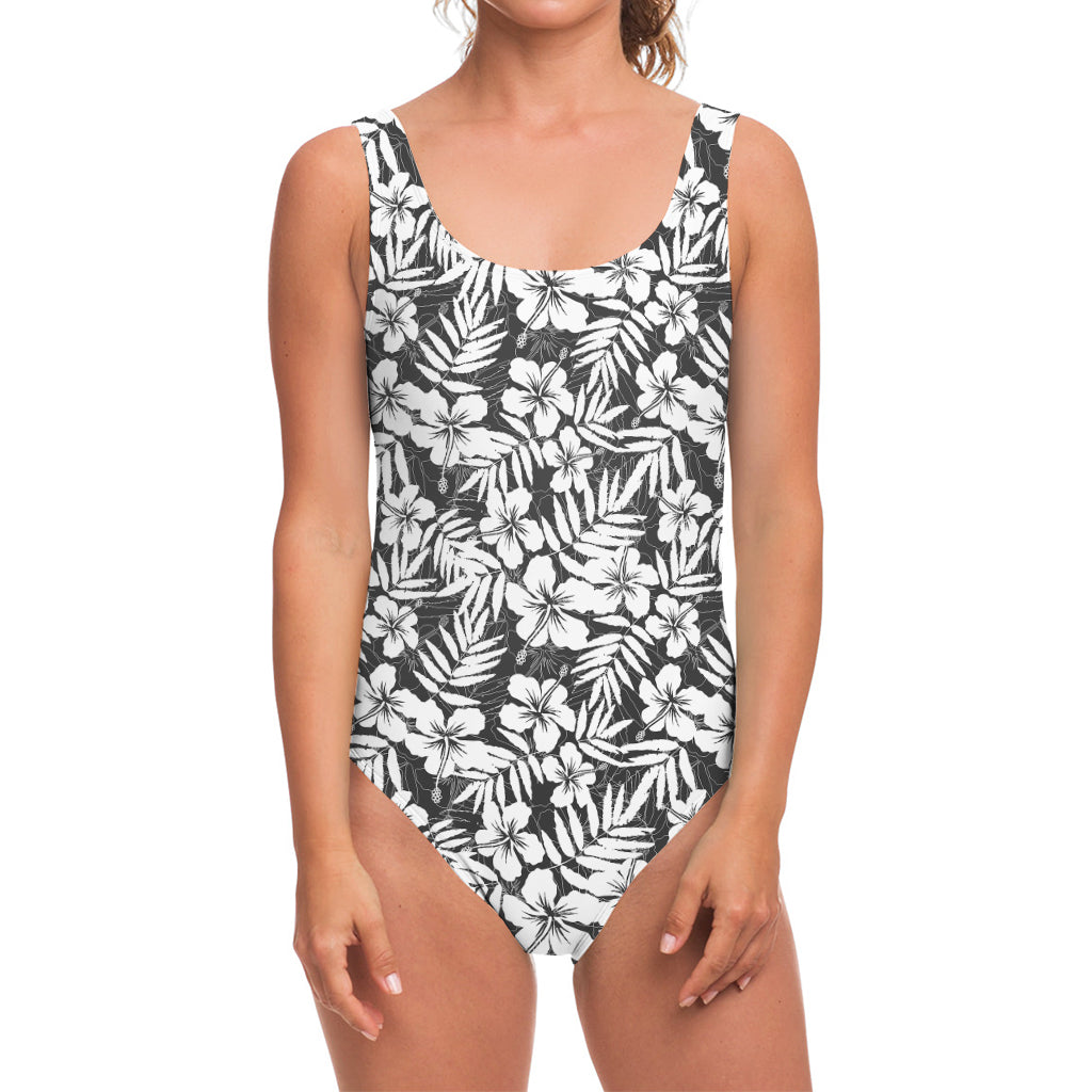 White And Grey Hawaiian Pattern Print One Piece Swimsuit