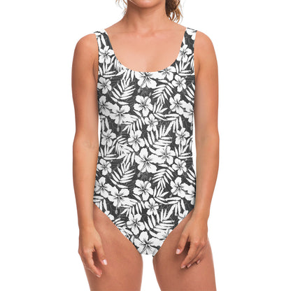 White And Grey Hawaiian Pattern Print One Piece Swimsuit