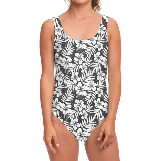White And Grey Hawaiian Pattern Print One Piece Swimsuit