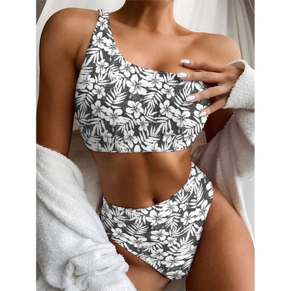 White And Grey Hawaiian Pattern Print One Shoulder Bikini Top