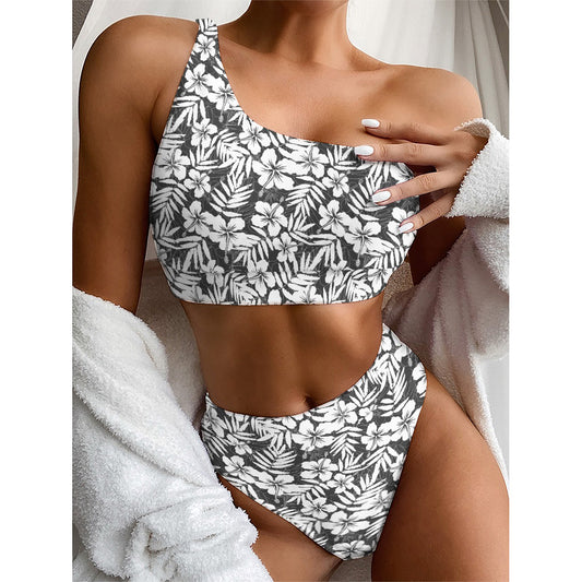 White And Grey Hawaiian Pattern Print One Shoulder Bikini Top