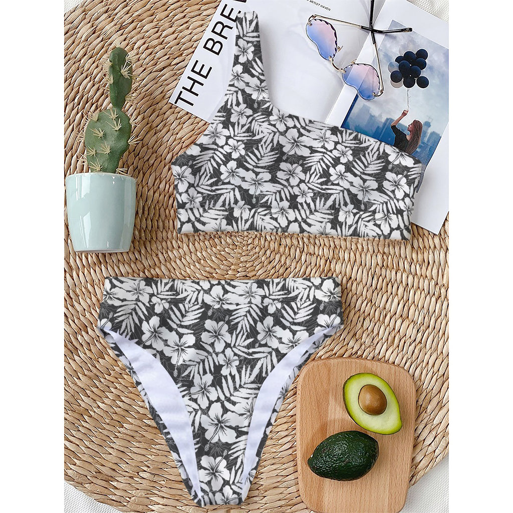 White And Grey Hawaiian Pattern Print One Shoulder Bikini Top