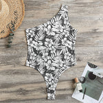 White And Grey Hawaiian Pattern Print One Shoulder Bodysuit