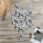White And Grey Hawaiian Pattern Print One Shoulder Bodysuit