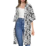 White And Grey Hawaiian Pattern Print Open Front Beach Cover Up