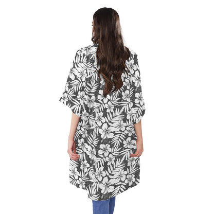 White And Grey Hawaiian Pattern Print Open Front Beach Cover Up