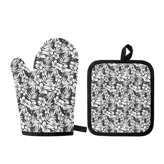 White And Grey Hawaiian Pattern Print Oven Mitt And Pot Holder Set
