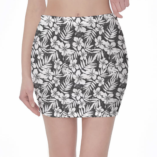White And Grey Hawaiian Pattern Print Pencil Mini Skirt
