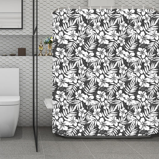 White And Grey Hawaiian Pattern Print Polyester Shower Curtain