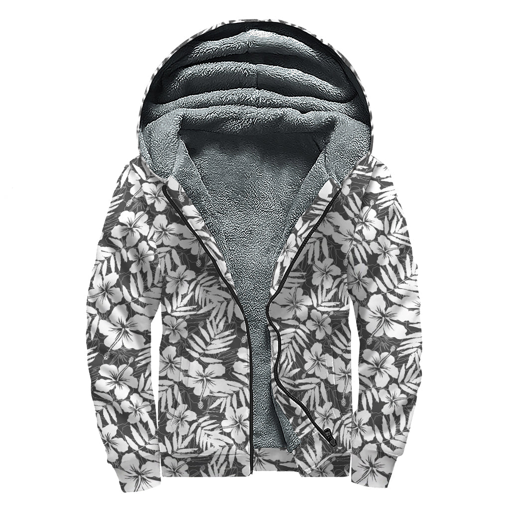 White And Grey Hawaiian Pattern Print Sherpa Lined Zip Up Hoodie